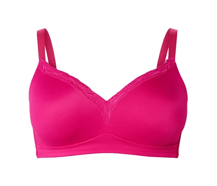 Detailaufnahme eines pinkfarbenen Soft-BHs mit Spitze auf weißem Hintergrund.