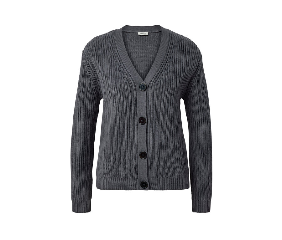 Anthrazitfarbener Grobstrick-Cardigan mit Knöpfen.