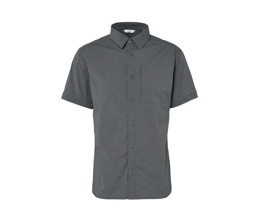 Graues Outdoorhemd mit kurzen Ärmeln und Brusttasche.