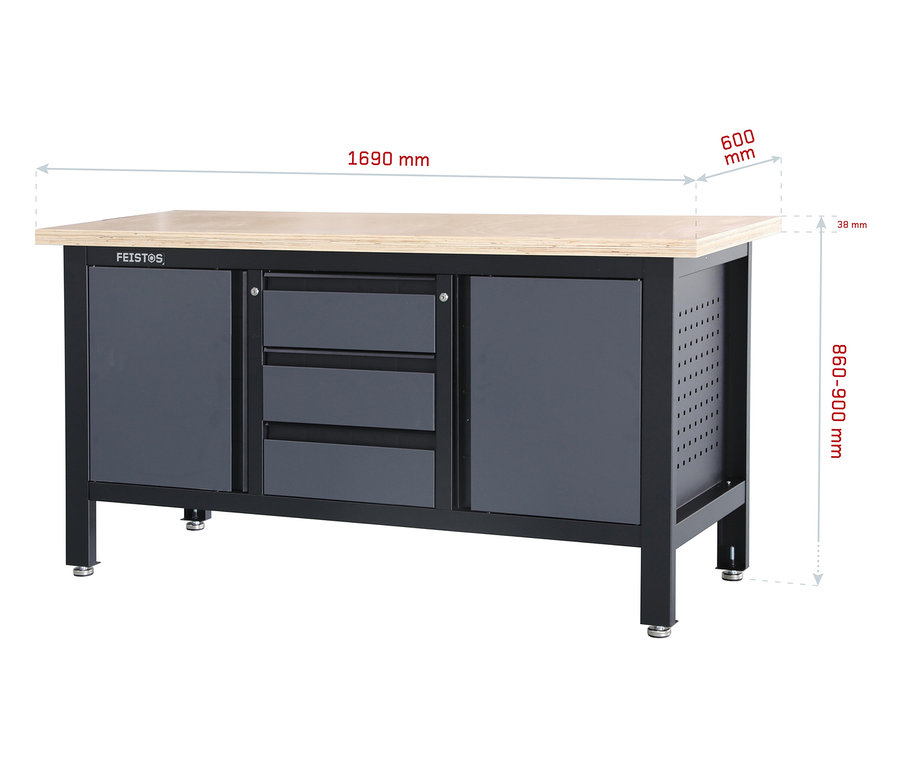 FEISTOS Werkbank »Heros 2« mit einer Arbeitsplatte aus Massivholz und einem Metallrahmen.