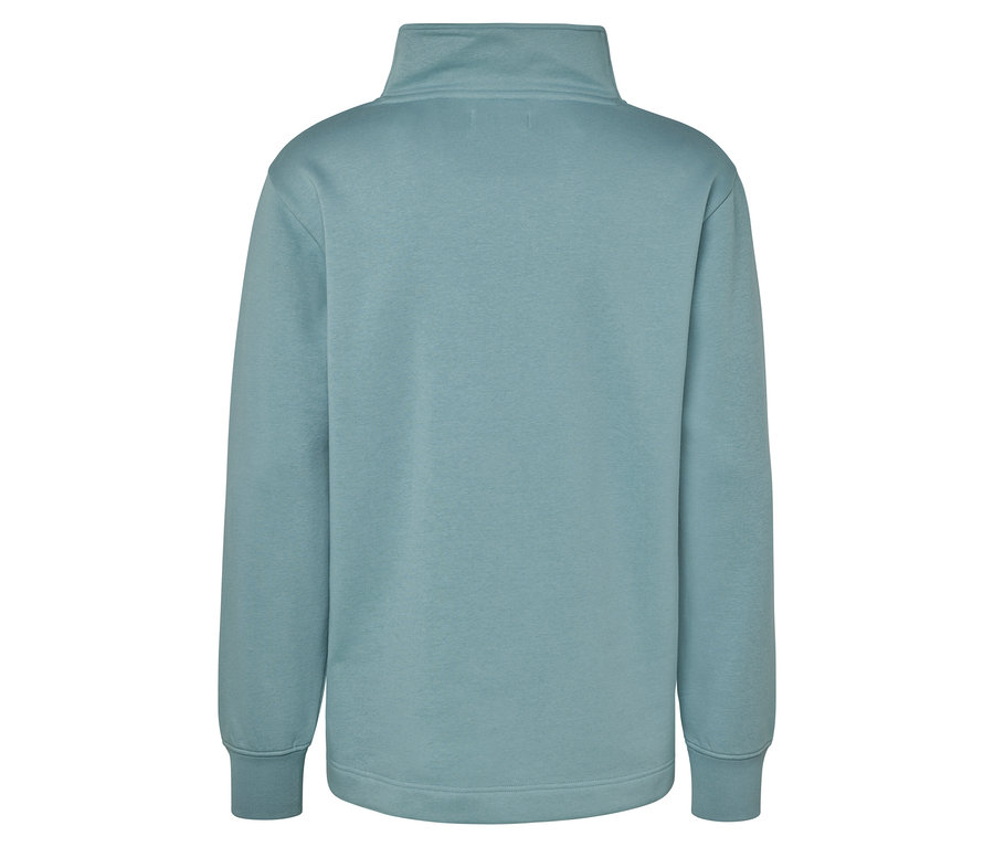 Rückansicht eines hellblauen Sweatshirts mit Reißverschluss am Hals.
