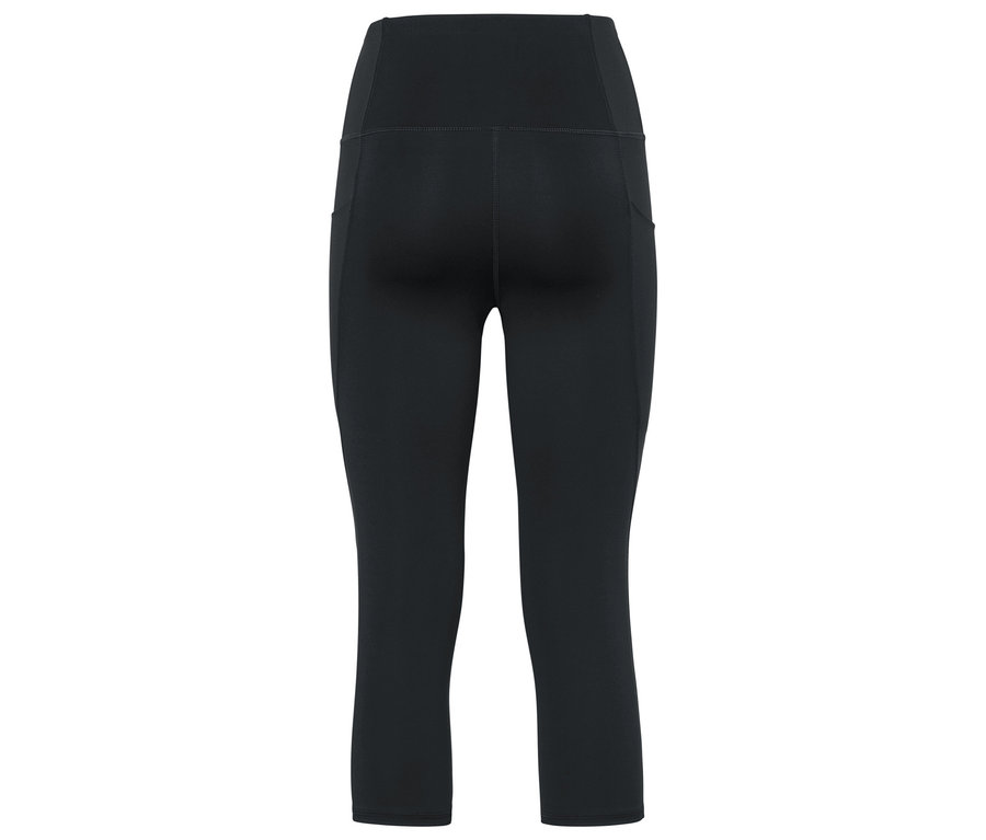 Schwarze Dreiviertel-Leggings mit hohem Bund und Taschen.