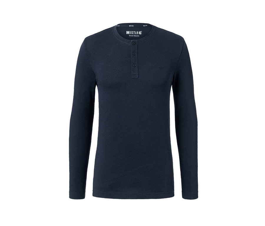 Dunkelblaues Henley »Mustang« mit langen Ärmeln und Knöpfen.
