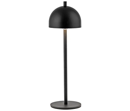 Schwarze Lampe mit rundem Schirm und schlankem Fuß.