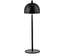 Schwarze Lampe mit rundem Schirm und schlankem Fuß.