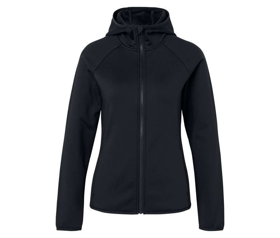 Schwarze Kapuzenjacke mit Reißverschluss.