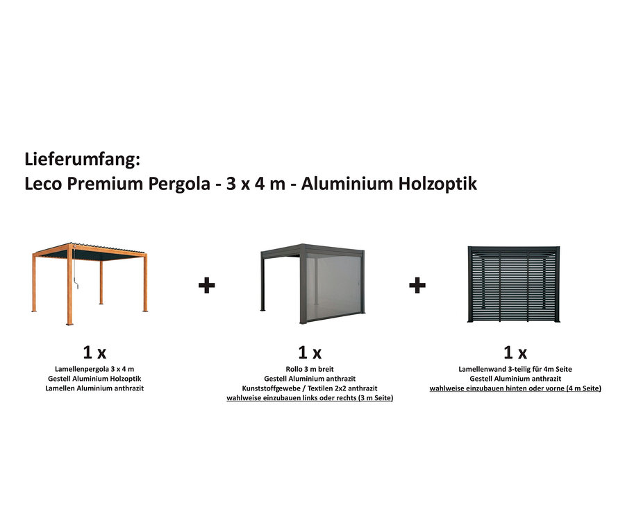 Lieferumfang: Leco Premium Pergola 3 x 4 m mit zwei Seitenwänden in Holzdekor.