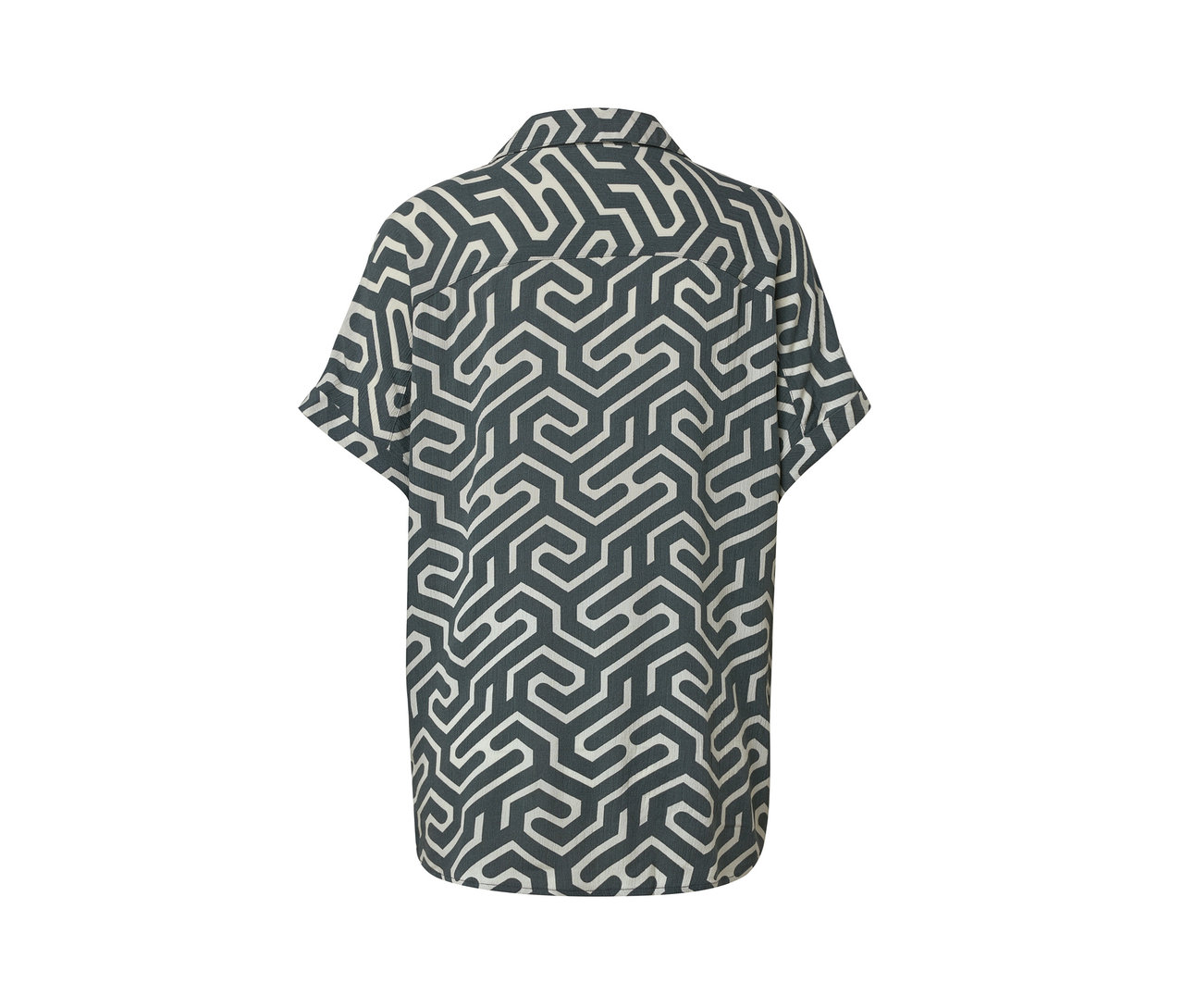 Rückansicht einer bedruckten Bluse.