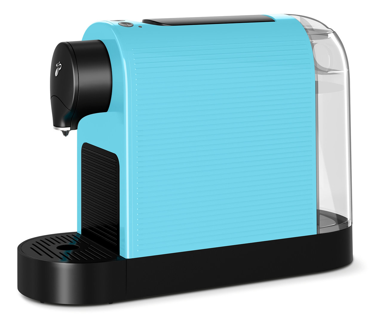 Hellblaue Kaffeekapselmaschine mit schwarzem Sockel und Wassertank.