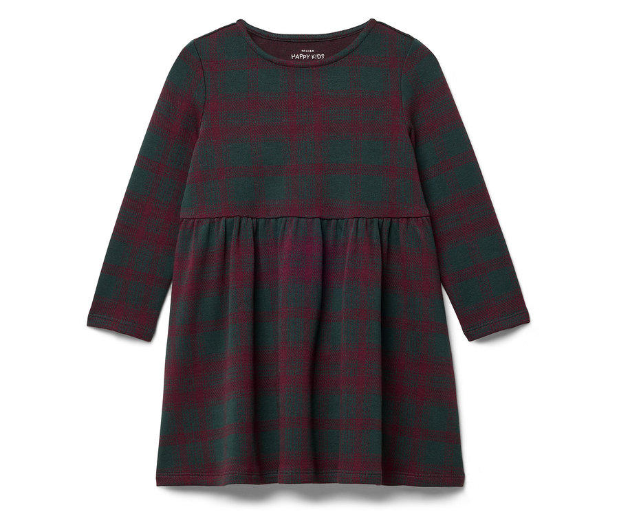 Ein langärmeliges Kleid mit Karomuster in Grün- und Burgundertönen.