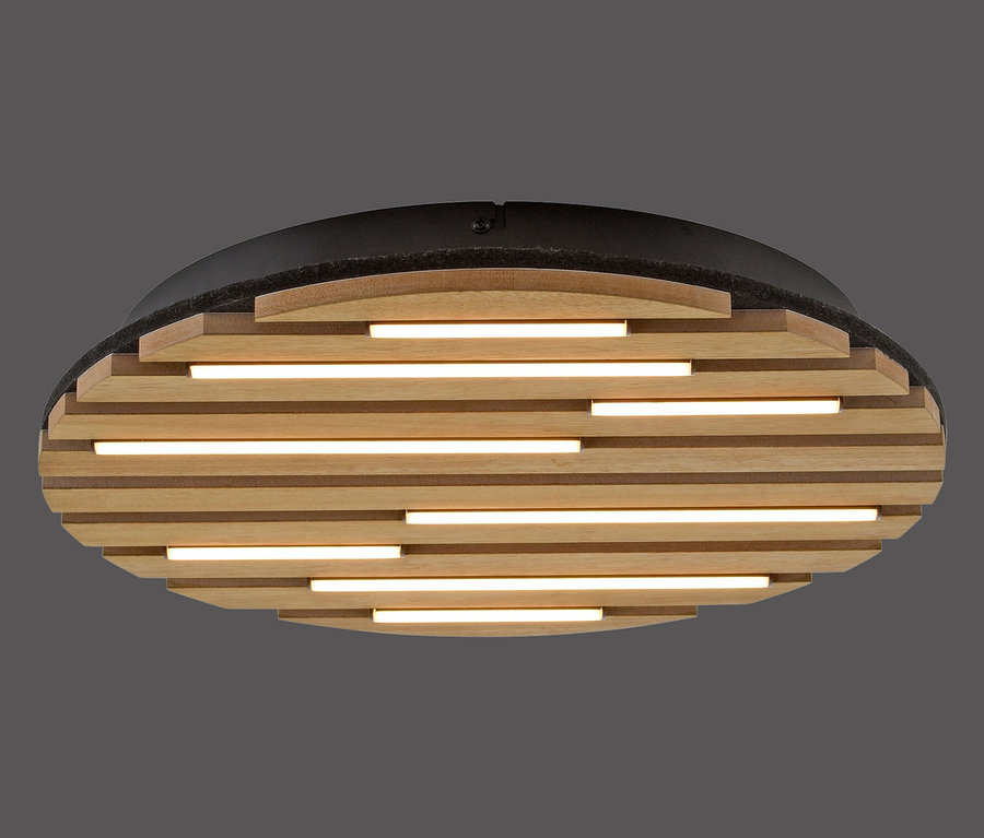 Ovale Deckenleuchte mit Holzlamellen und integrierten Leuchtstoffröhren.