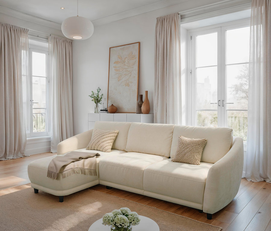 Ein cremefarbenes DOMO Ecksofa mit Longchair, linksbündig, steht in einem Wohnzimmer.