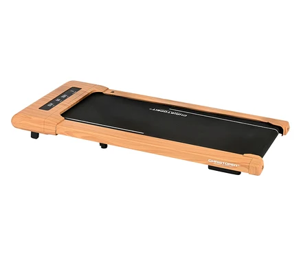 Das Walking-Pad »4.2 Holzoptik« ist ein flaches Laufband mit Holzoptik-Umrandung und schwarzer Lauffläche.