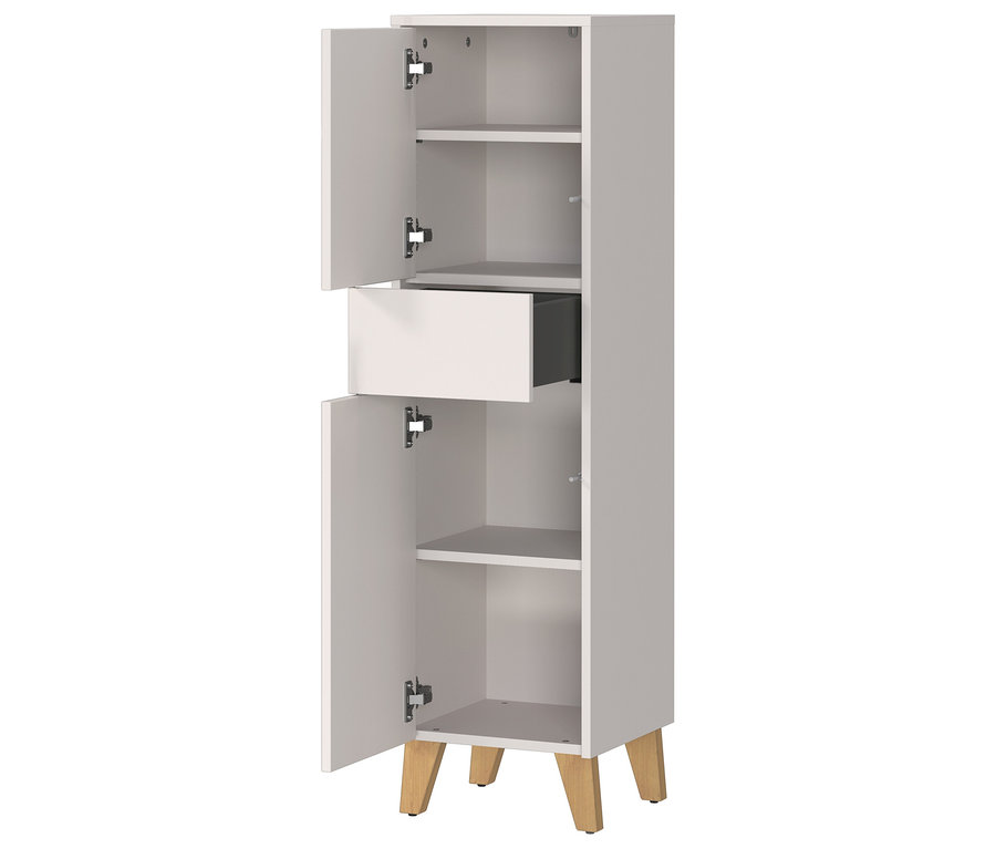 Ein grauer Schrank mit zwei offenen Türen und einer Schublade steht auf hölzernen Füßen.