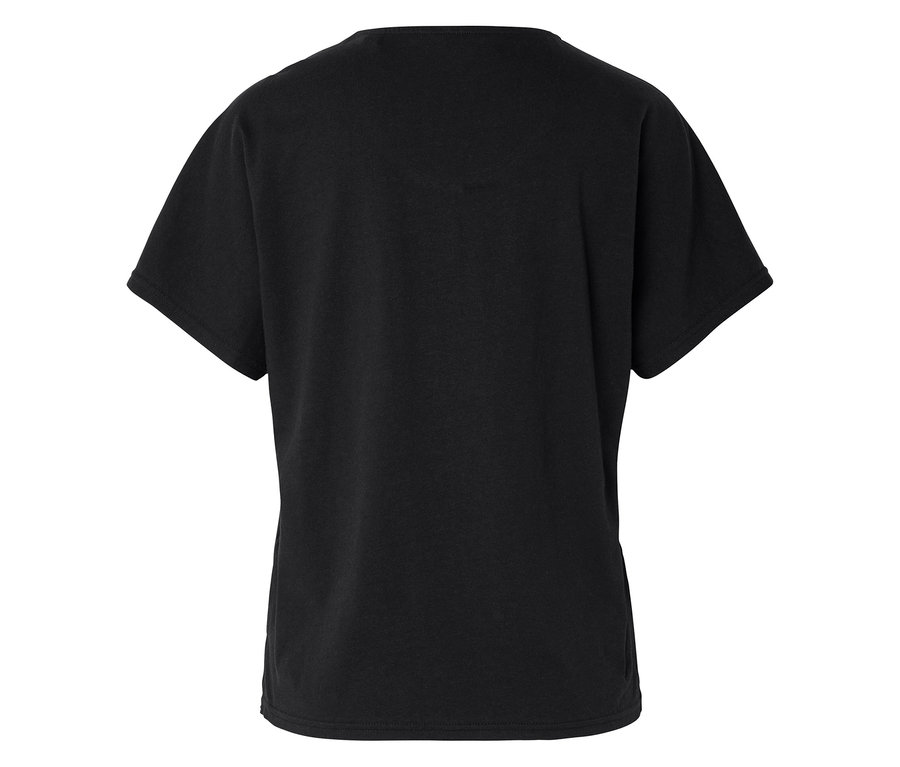 Rückansicht eines schwarzen T-Shirts mit kurzen Ärmeln.