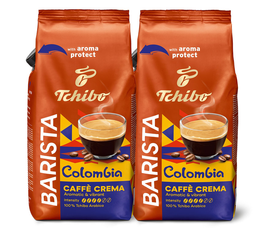 Zwei Packungen Tchibo Barista Colombia Caffè Crema, aromatisch und lebendig, mit Aroma Schutz.