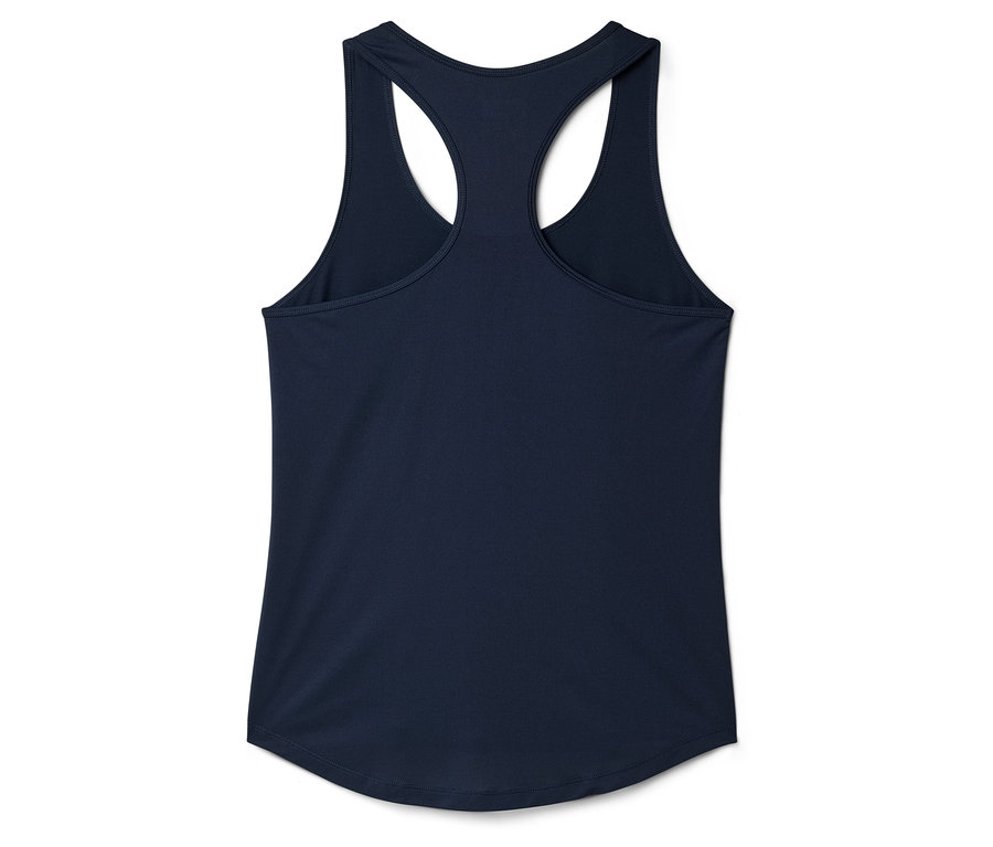 Rückansicht eines marineblauen Tanktops mit Ringerrücken.