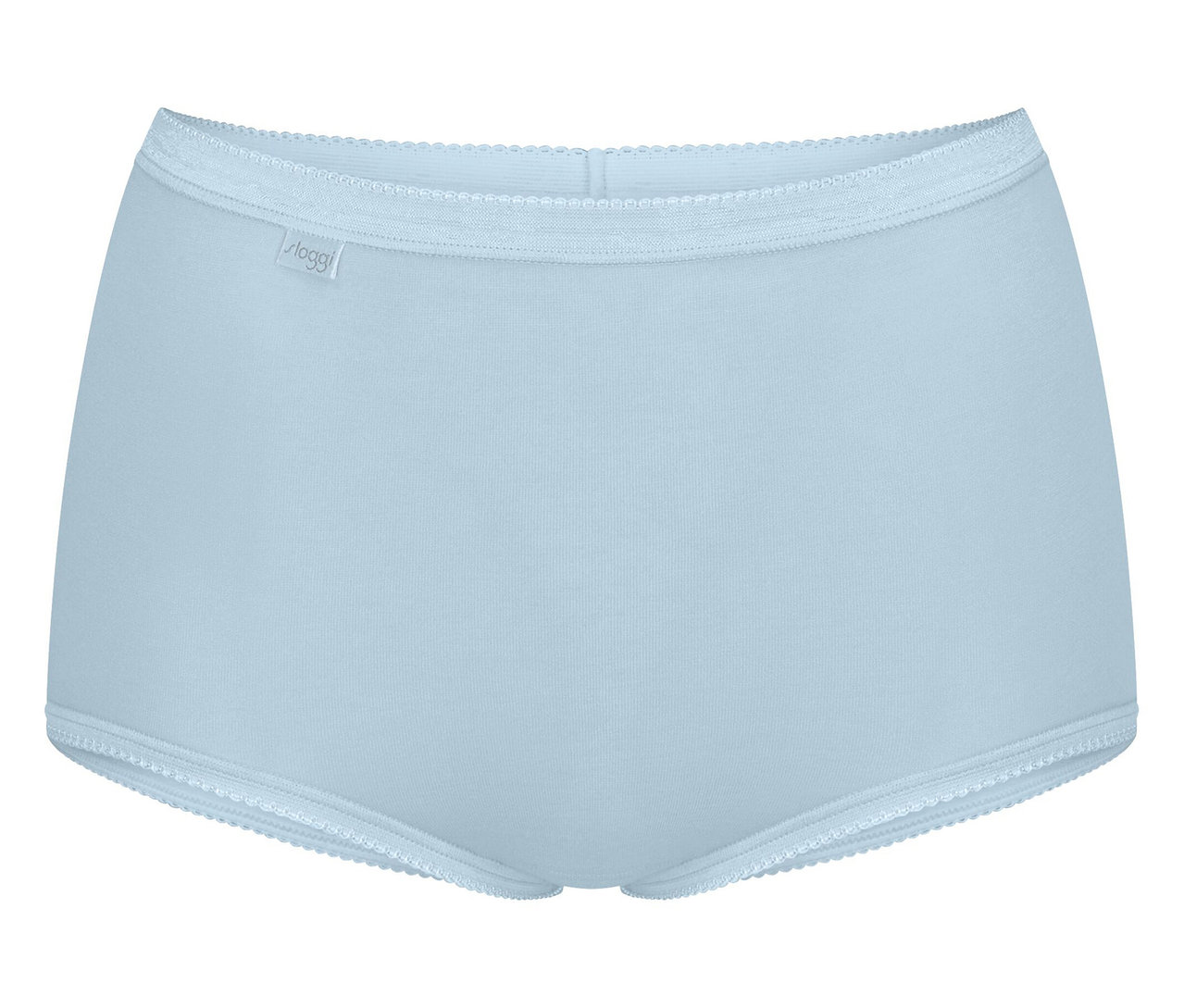 Hellblaue Sloggi Damenslips mit elastischem Bund und Spitzenbesatz.