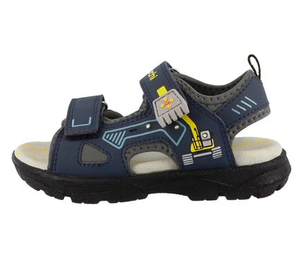 Dunkelblaue LURCHI Jungen-Sandale »Kodo« mit gelbem Bagger-Motiv und grauen Akzenten.