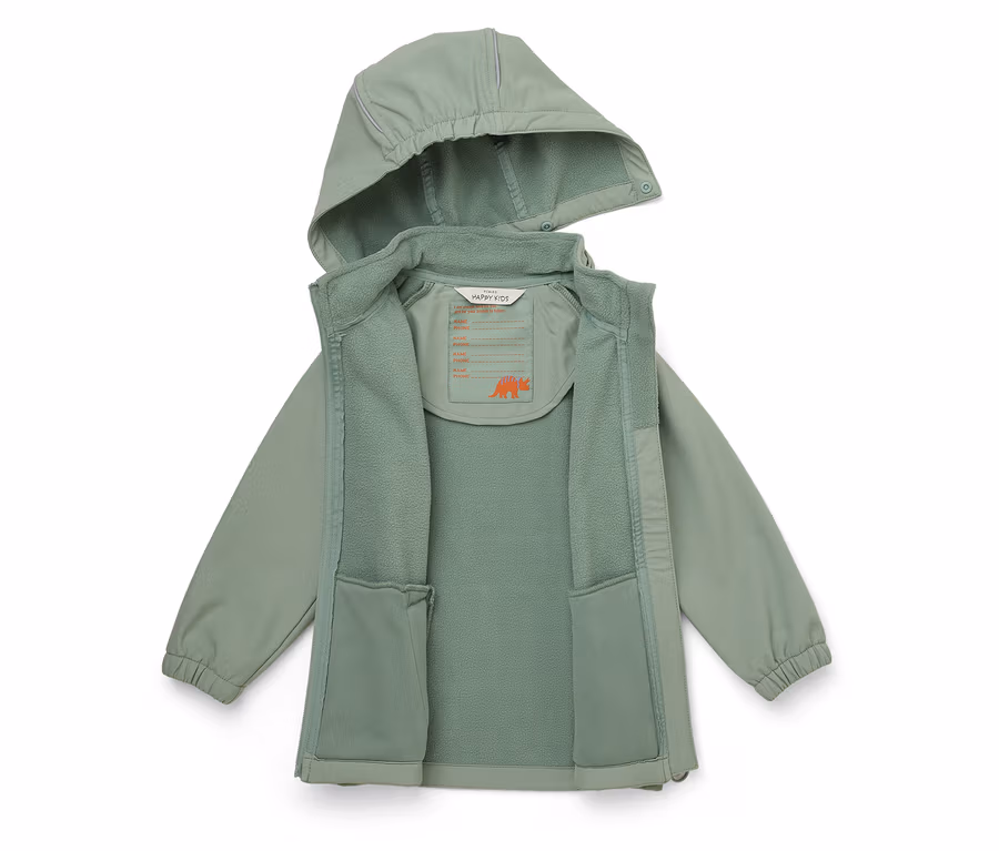Offene, hellgrüne Kinderjacke mit Kapuze, Fleece-Futter und Namensschild mit Dinosaurier-Motiv.