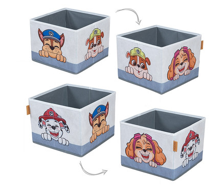 Vier Aufbewahrungsboxen mit Paw Patrol-Motiven sind in einem Quadrat angeordnet.
