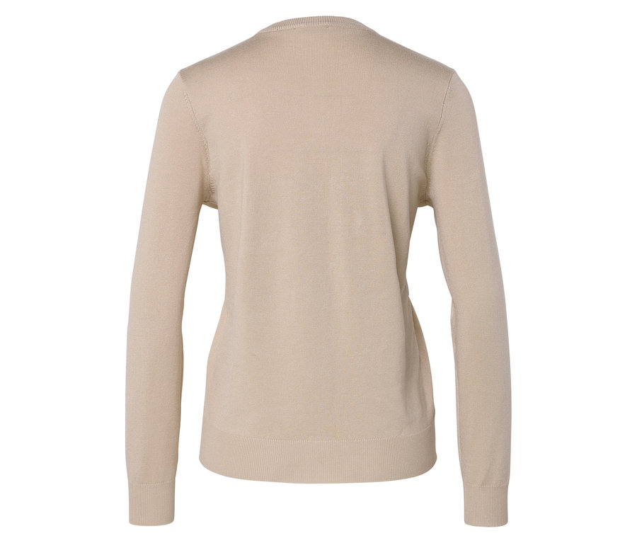 Rückansicht eines langärmeligen, beigen Pullovers.