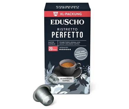 Eine Packung Eduscho Ristretto Perfetto Kaffeekapseln mit zwei Aluminiumkapseln im Vordergrund.