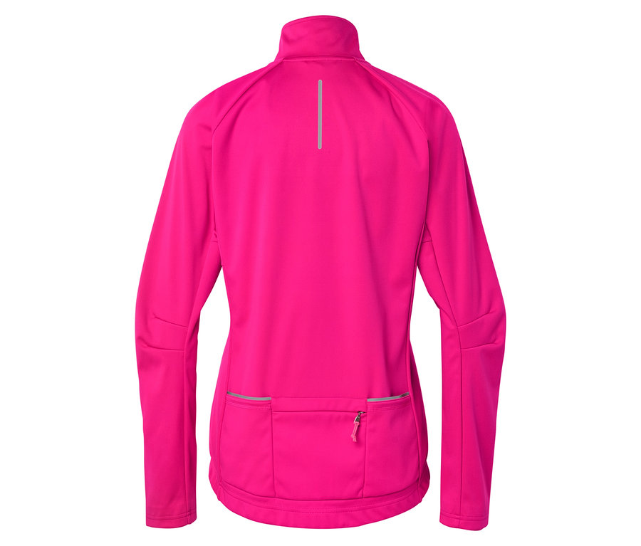 Rückansicht einer pinkfarbenen Sportjacke mit durchgehendem Reißverschluss und reflektierendem Detail.