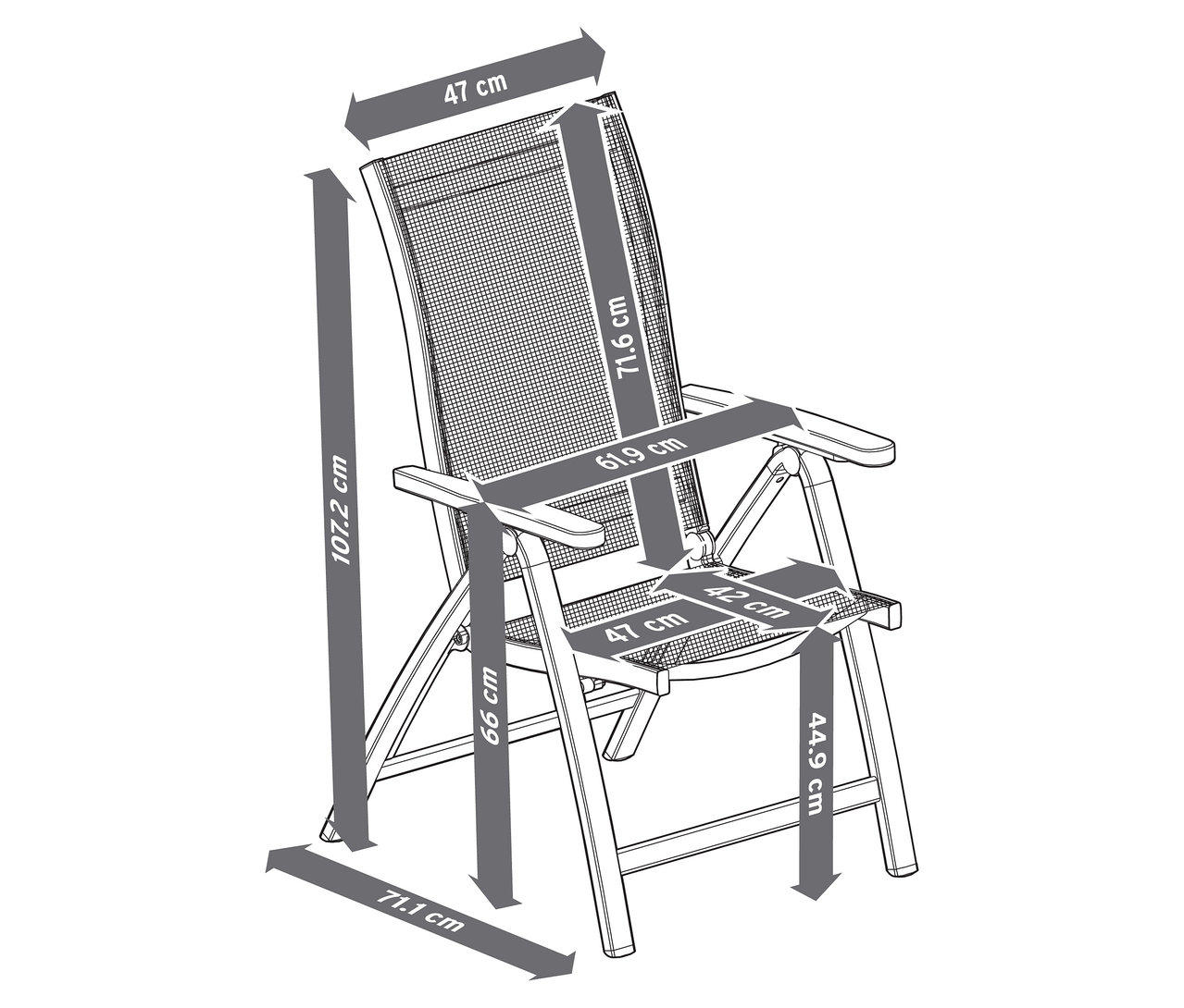 Abbildung eines Hochlehners "Liska" mit verstellbarer Rückenlehne, mit Maßangaben.
