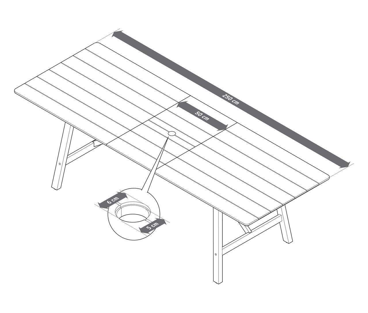 Draufsicht auf einen ausziehbaren Gartentisch mit rustikalem Gestell, ca. 200-250 cm, mit Maßangaben.