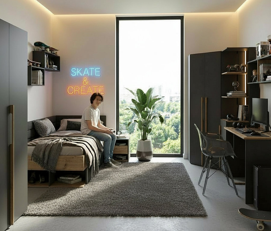 Jugendlicher sitzt auf einem Bett mit grauem Überwurf und hält einen Controller in der Hand. An der Wand hängt ein Roba Wandregal »Marvin«, 90 cm.