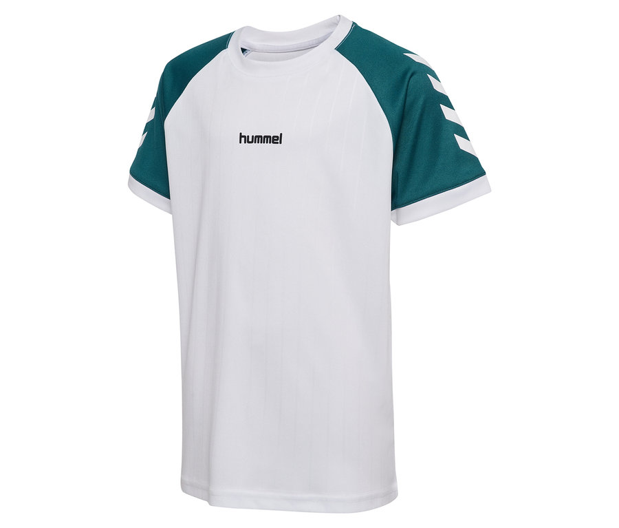 Das weiße hummel® HMLJR Stripe T-Shirt hat grüne Ärmel mit weißen Streifen.