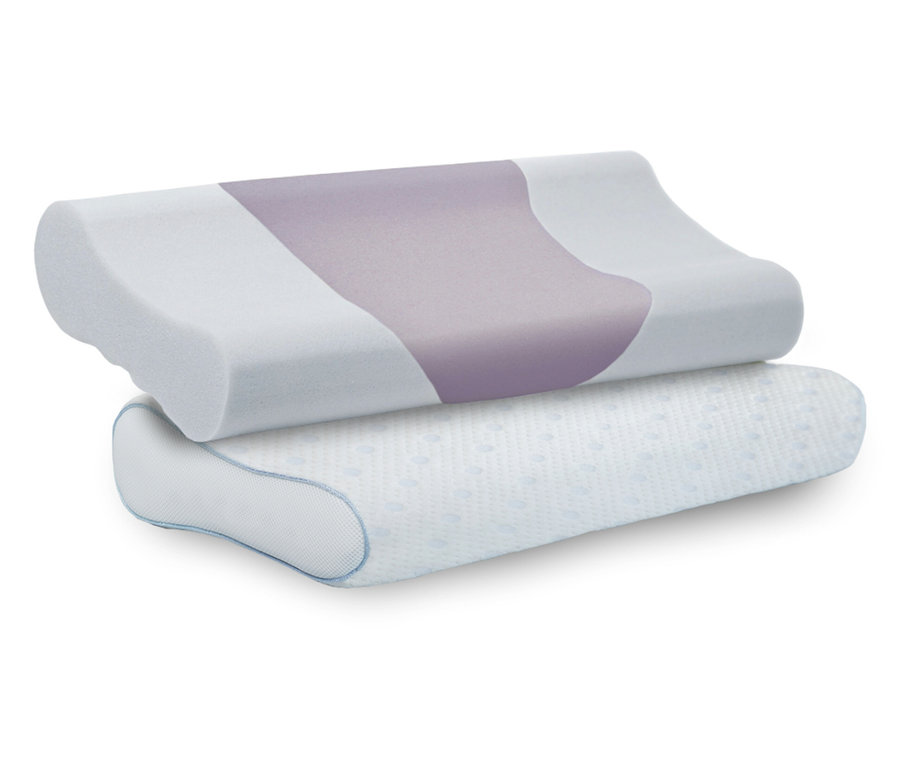 Paradies Nackenstützkissen reVita® Vario Relax, bestehend aus einem weißen, ergonomisch geformten Schaumstoffkern mit lila-grauem Mittelteil und einem weißen Bezug mit blauen Punkten und blauer Paspelierung.