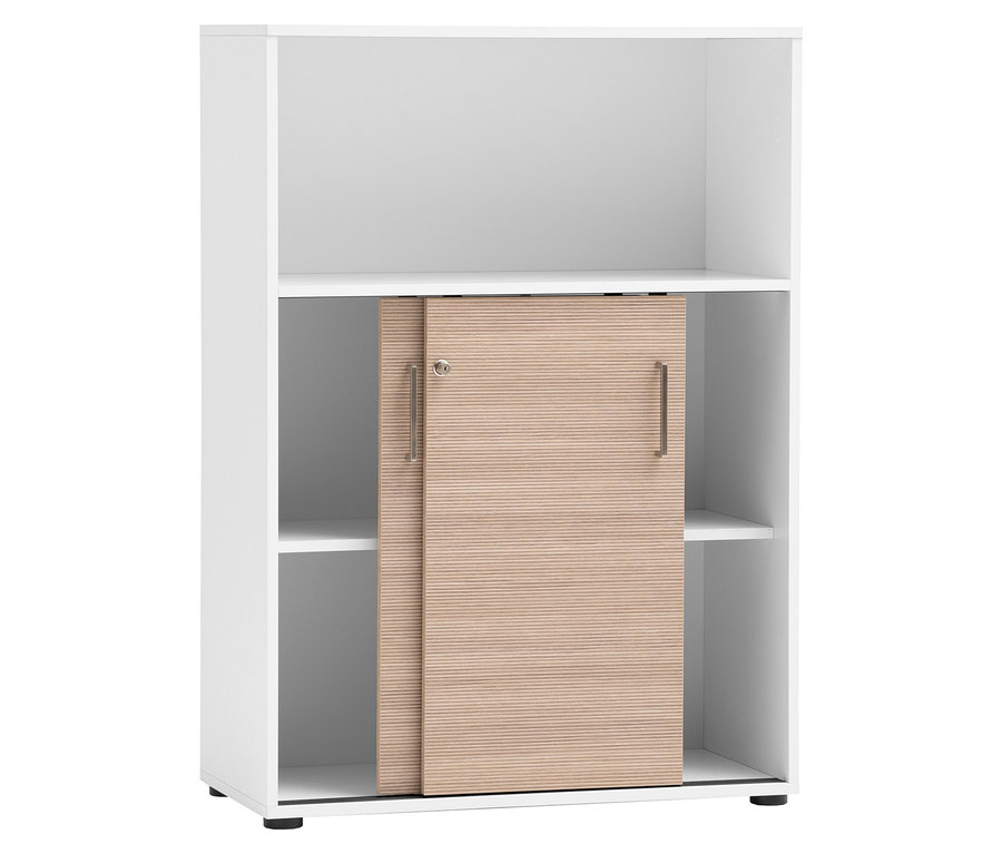 Weißes Regal mit zwei Schiebetüren in Holzoptik, teilweise geöffnet, »Metz« Aktenschrank mit matt weiß/canello Türen.