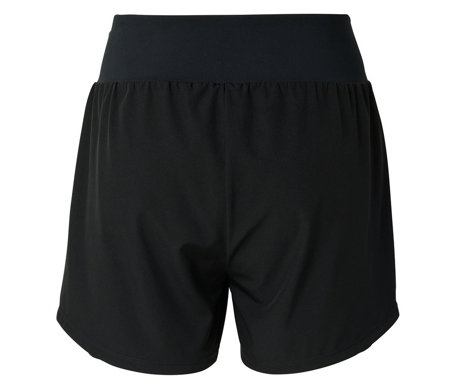 Rückansicht von schwarzen, kurzen Sporthosen mit breitem Bund.