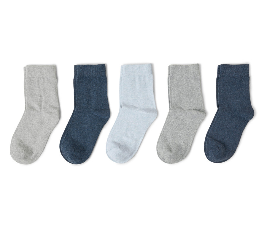 Fünf Socken in Grau, Dunkelblau und Hellblau liegen nebeneinander auf einem weißen Hintergrund.