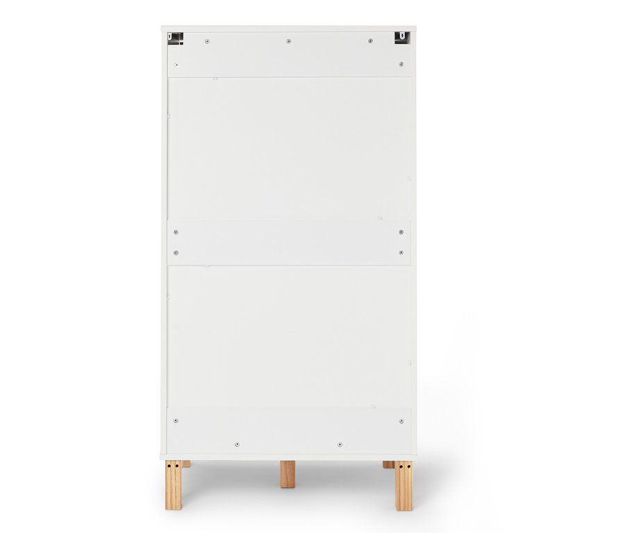 Rückansicht eines weißen Schranks mit Holzbeinen.