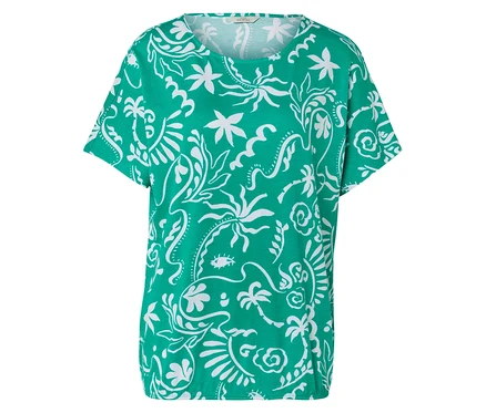 Grünes T-Shirt mit weißem tropischen Muster.