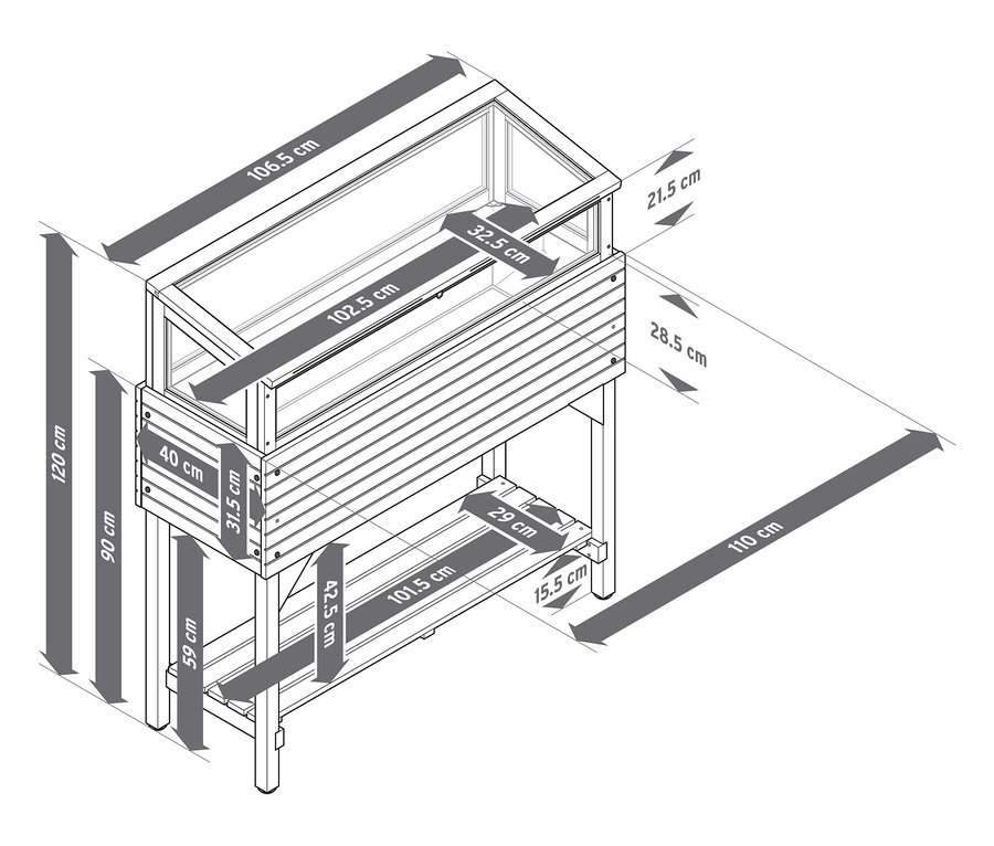 Abbildung eines Hochbeets mit Frühbeetaufsatz, versehen mit Maßangaben.