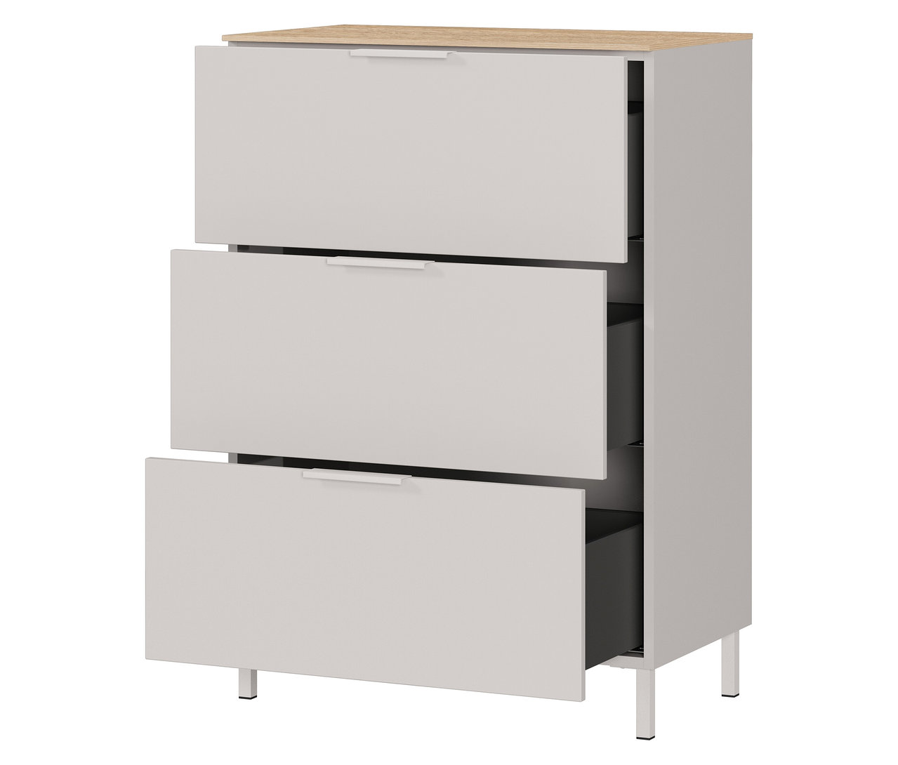 Eine kleine, kaschmirfarbene Kommode »Savoca« mit Eiche-Akzenten, bei der die oberste und unterste Schublade teilweise geöffnet sind.