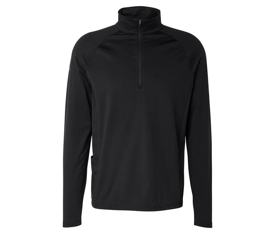 Schwarzes Thermo-Sportshirt »Half Zip« mit Stehkragen und kleiner Seitentasche.