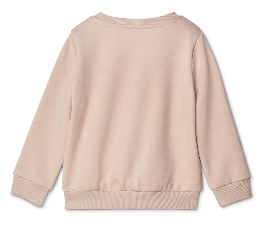 Rückansicht eines hellbraunen, langärmeligen Sweatshirts mit Rundhalsausschnitt und gerippten Bündchen.