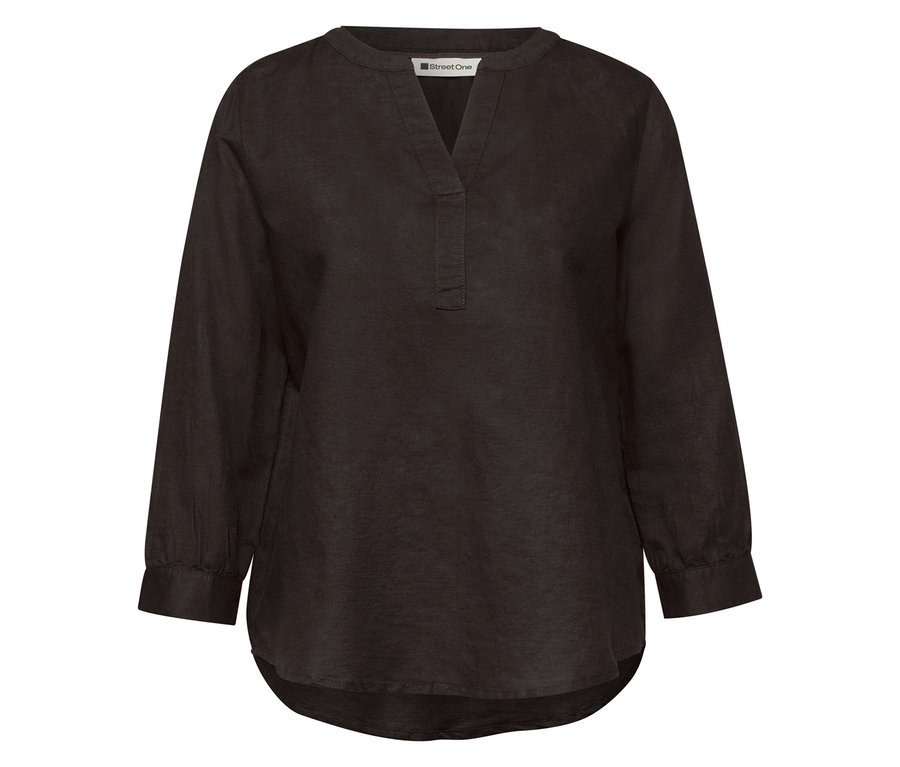 Schwarze Street One Tunika-Bluse mit V-Ausschnitt, langen Ärmeln und abgerundetem Saum.