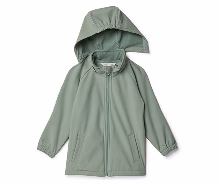 Hellgrüne Kinder-Regenjacke mit Kapuze und Reißverschluss auf weißem Hintergrund.