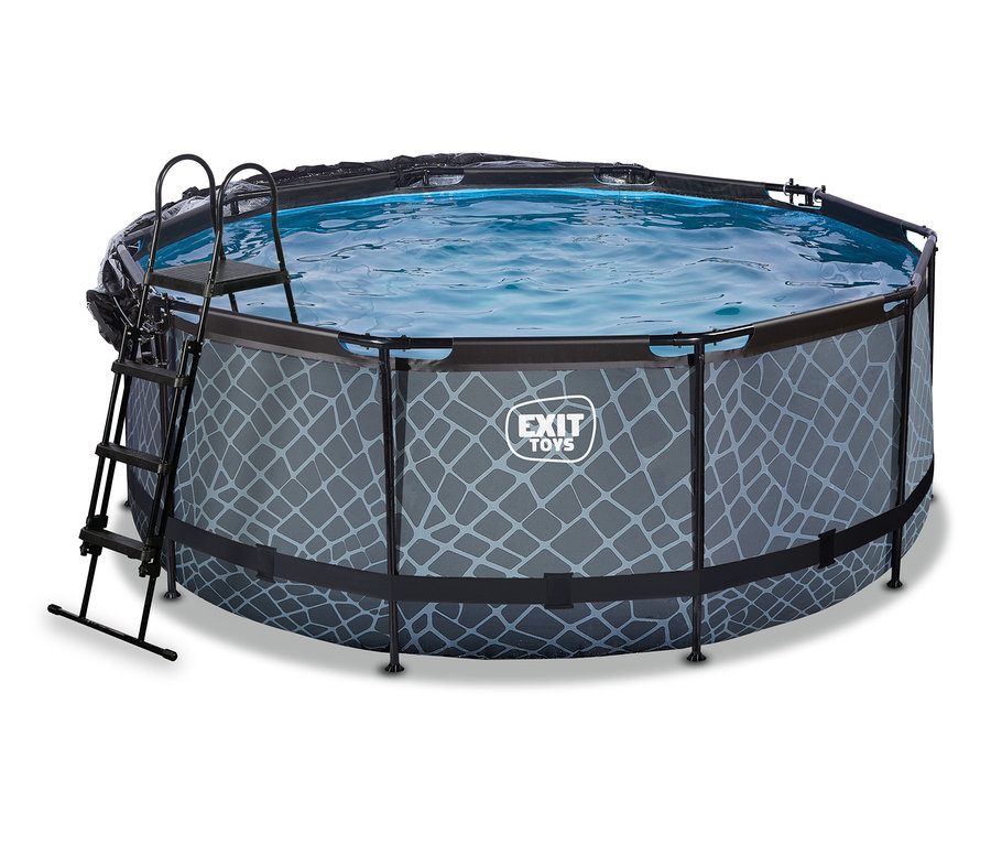 Rundes EXIT Pool-Set »STONE«, ca. 360 cm, gefüllt mit Wasser, mit schwarzer Leiter und grauem geometrischem Muster.
