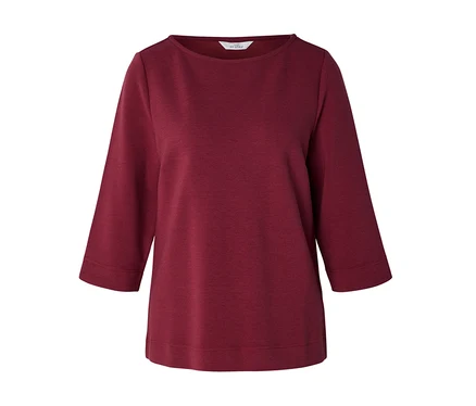 Dunkelrotes strukturiertes Shirt mit Dreiviertelärmeln und Rundhalsausschnitt.