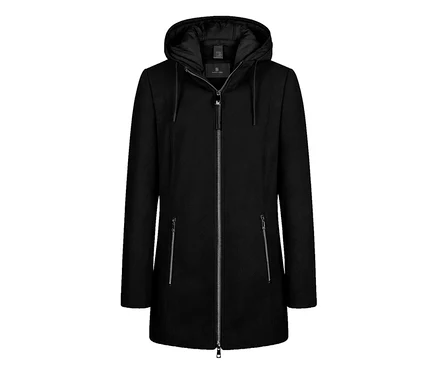 Schwarze Barbara Lebek Wolljacke mit Kapuze, durchgehendem Reißverschluss und zwei Reißverschlusstaschen.