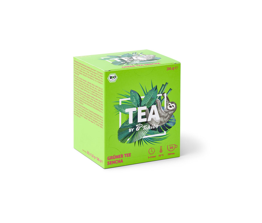 Packung TEA by Tchibo Bio Grüner Tee Sencha mit Faultier-Illustration.