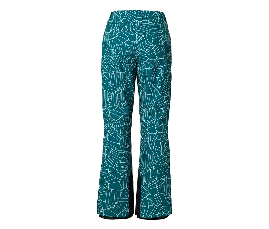 Türkise Skihose mit weißem, abstraktem geometrischem Muster, leicht ausgestelltem Bein und schwarzen Verstärkungseinsätzen an den inneren Knöcheln.