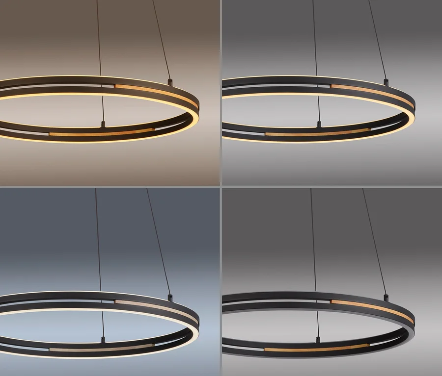 Eine schwarze runde Pendelleuchte mit goldenem Innenakzent, in vier Quadranten mit unterschiedlichen Lichttemperaturen dargestellt: Warmweiß, Kaltweiß, Neutralweiß und ausgeschaltet.